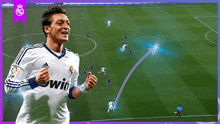 a soccer player wearing a white adidas jersey is giving a thumbs up