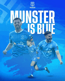 a poster for munster is blue shows soccer players on a blue background