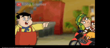 a cartoon of a man pointing at another man on a motorcycle