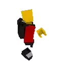 a pixel art of a lego man with a yellow head and a red jacket .