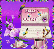 a laptop with the words feliz jueves written on the screen