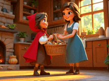 little red riding hood is giving a basket to a woman
