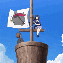 a pirate flag with a cat on it is hanging from a wooden pole