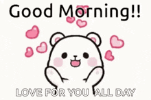 a cartoon of a teddy bear with hearts around it and the words `` good morning ! love for you all day ''