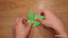a person is making an origami bird out of green paper .