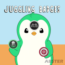 a green penguin is juggling badges with the words juggling badges below it