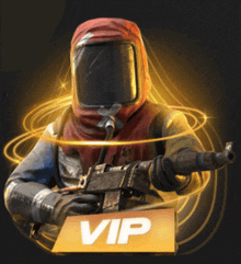 a man in a helmet is holding a gun in front of a sign that says vip