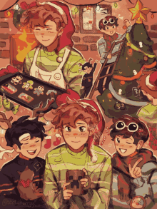 a group of boys are decorating a christmas tree in a pixel art drawing