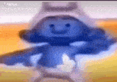 a blue smurf is wearing a white hat and smiling while dancing .