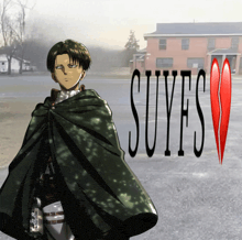 a poster for suyes shows a man in a cape standing in front of a house