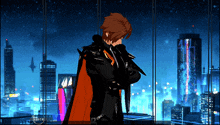 a video game character is standing in front of a city skyline and the word voice is on the screen
