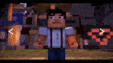 a minecraft character with suspenders is standing in front of a building