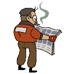 a cartoon of a man smoking a cigarette while reading a newspaper .