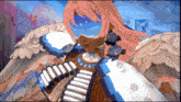 a cartoon character with pink hair and wings is wearing a blue and white outfit