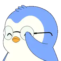 a blue and white penguin wearing glasses and covering his eyes