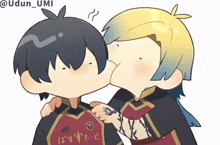 a cartoon drawing of two boys kissing with the username @udun_umi on the bottom