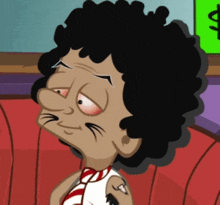 a cartoon character is sitting on a red couch