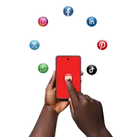 a person is holding a cell phone with social media icons flying around it