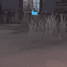 a cartoon character is standing in a field with a blue light behind him