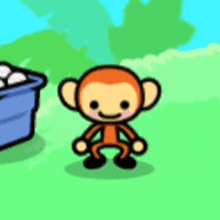 a cartoon monkey with a speech bubble standing in a field .