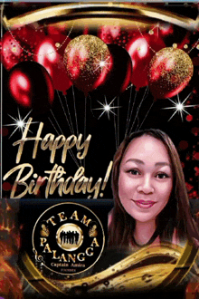 a picture of a woman with red balloons and the words happy birthday