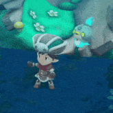 a cartoon character in a pirate hat stands in front of a green rock