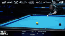 a pool table with a yellow ball in the middle of the table