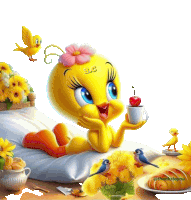 a tweety bird holding a cup of coffee and a cherry