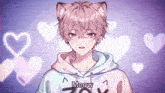 a boy with pink hair and cat ears is wearing a meow hoodie