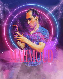 a man looking at his phone with mahmoud in red