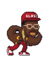 a pixel art drawing of a man wearing a red hat that says glas
