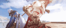 a video game character is standing next to another character in a video game .