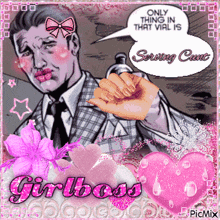 a picture of a man with a speech bubble that says only thing in that vial is serving cunt girlboss