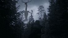 a man stands in the woods looking up at a giant deer statue in the sky