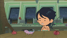 a cartoon of a boy sitting at a table with a lizard on it