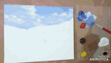 a painting of a cloudy sky is being painted on a canvas