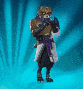 a raccoon is wearing a karate uniform and holding a gun with the word ninja on it