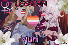 a picture of two anime girls with the words lesbian yuri written above them