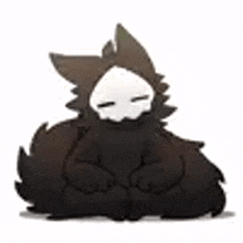 a black and white furry animal with a skull on its face is sitting down on a white background .