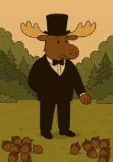 a moose wearing a top hat and a suit stands in a field of acorns