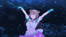a girl with her arms outstretched in front of a dark sky