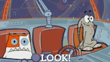 a cartoon character is sitting in the driver 's seat of a car and says look .