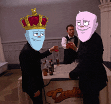 a man with a crown on his head is standing next to a man with a pink face