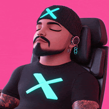 a man with his eyes closed wearing a black shirt with a blue x on it