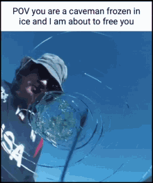 a man in a usa shirt is standing in front of a broken glass