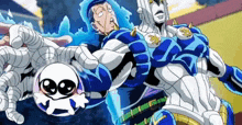 a cartoon character in a blue and white suit is holding a white skull .