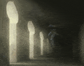 a painting of a man riding a horse in a hallway