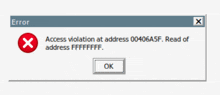 an error message that says access violation at address 00406a5f read of address ffffffff