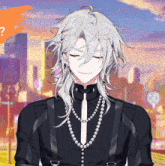 a man with white hair and pearls is smiling with a question mark in the background
