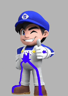 a cartoon character wearing a blue hat with the letter s on it is giving a thumbs up